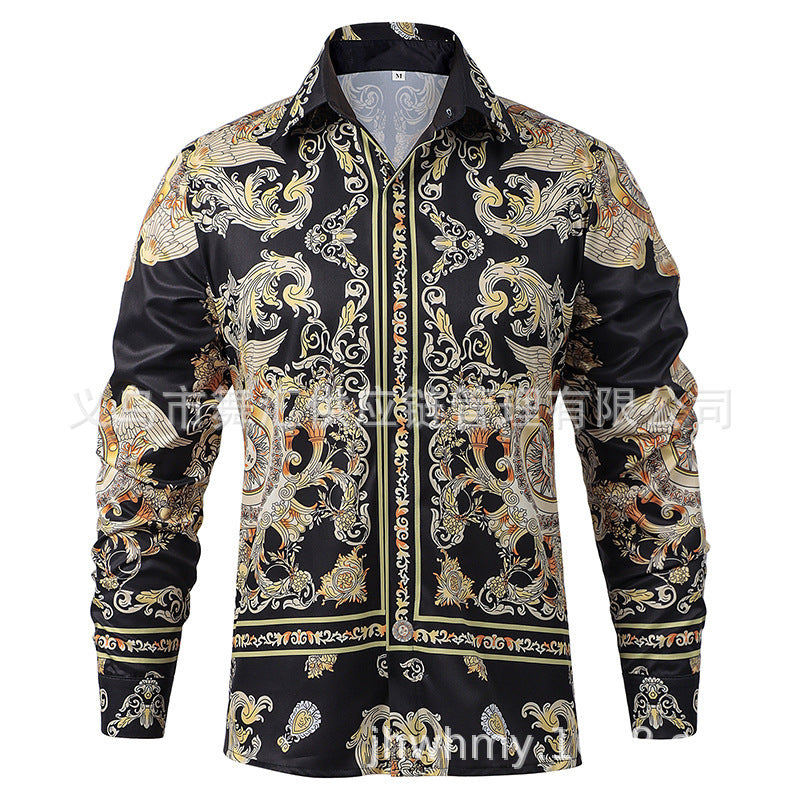 Black Blue White Baroque Dragon Printed Satin Slim Fit Long Sleeve Dress Shirt
