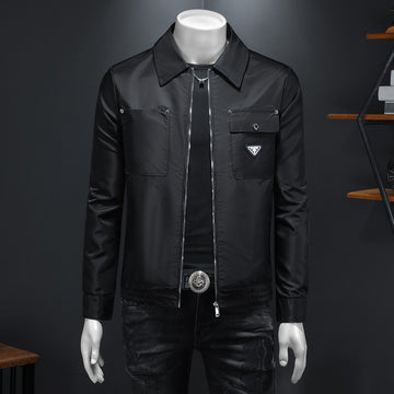 Black zip-front utility jacket with notched lapel and multiple pockets