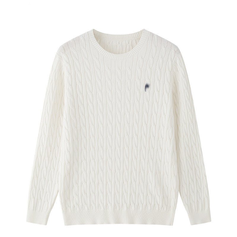 Cable-knit crewneck sweater with subtle polo player embroidery