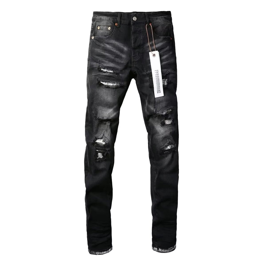 Black Distressed Paint-Splatter Slim-Fit Jeans
