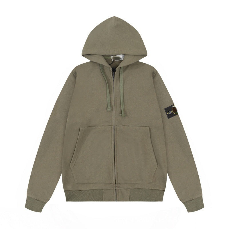 Solid-color hooded zip-up jacket with embroidered badge