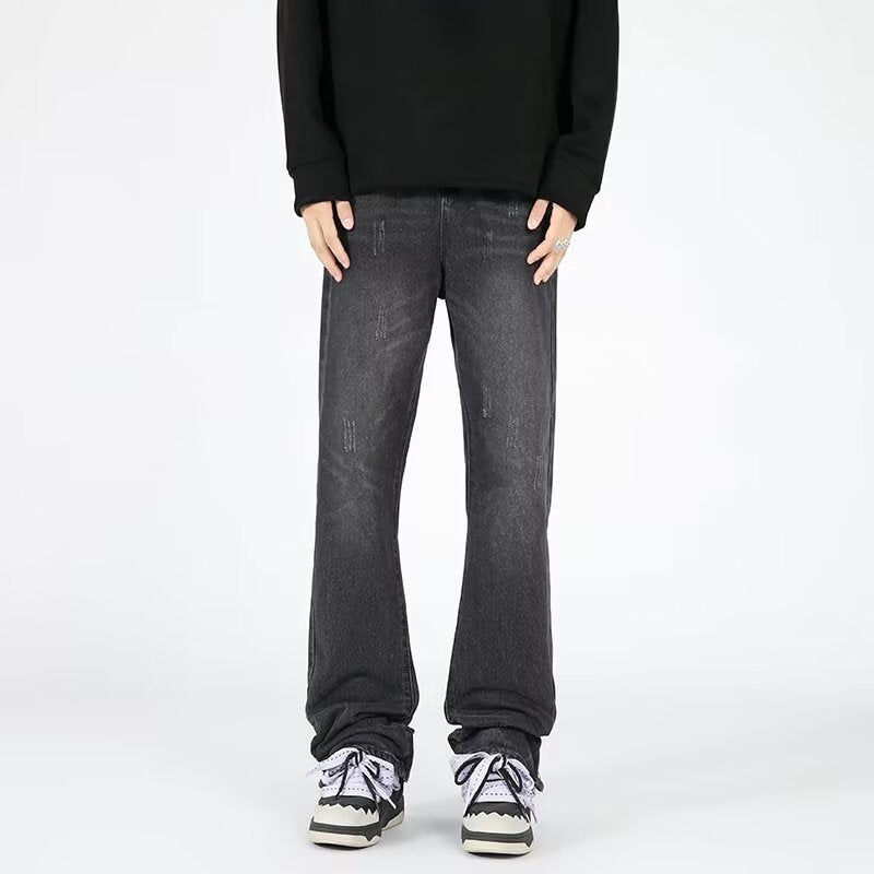Black distressed wide-leg jeans with side zipper