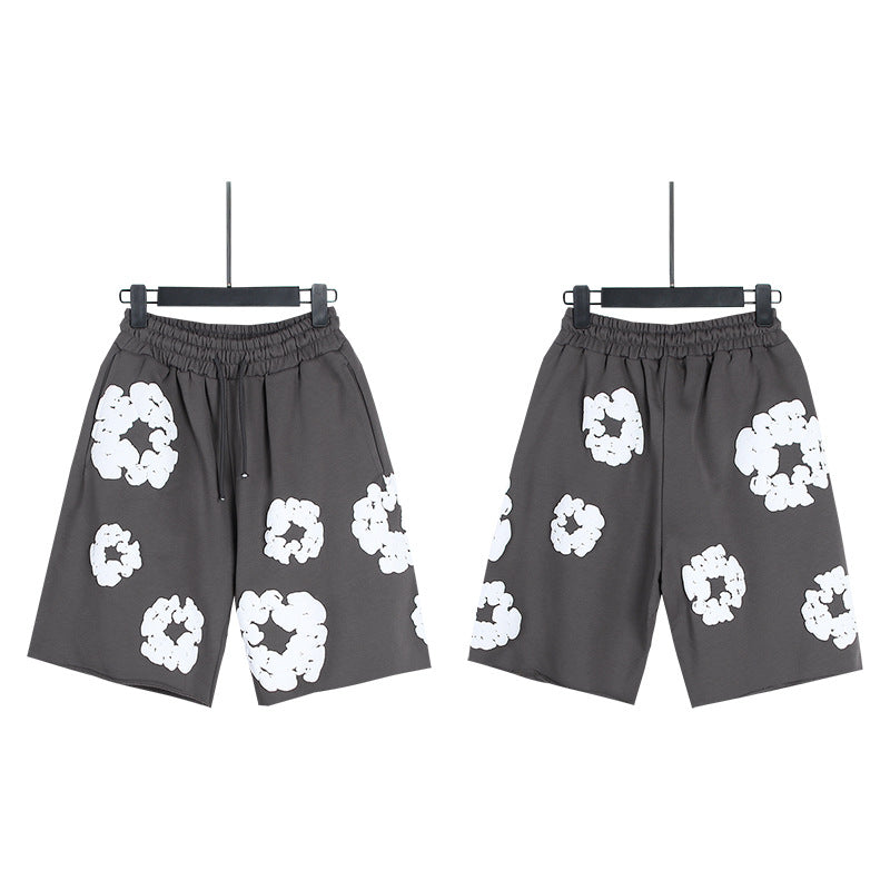 Casual Gray Sweat Shorts with White Floral Appliqué Patches