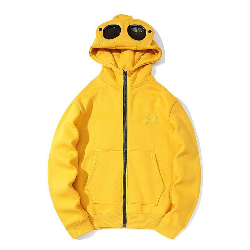Round-Lens Hooded Pullover with Goggle-Eye Hood