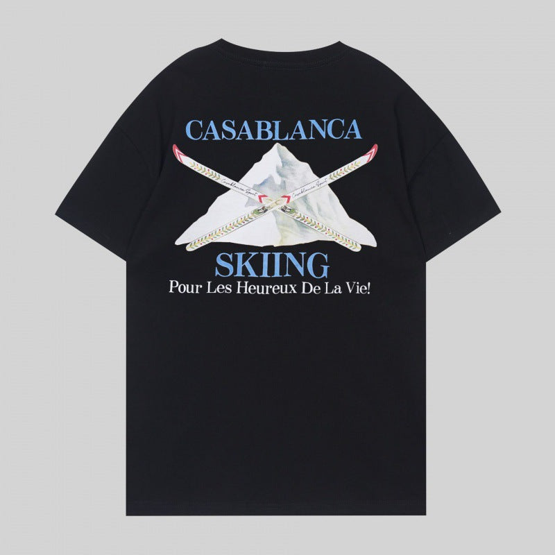 Loose-fit short sleeve t-shirt with blue and white floral script print