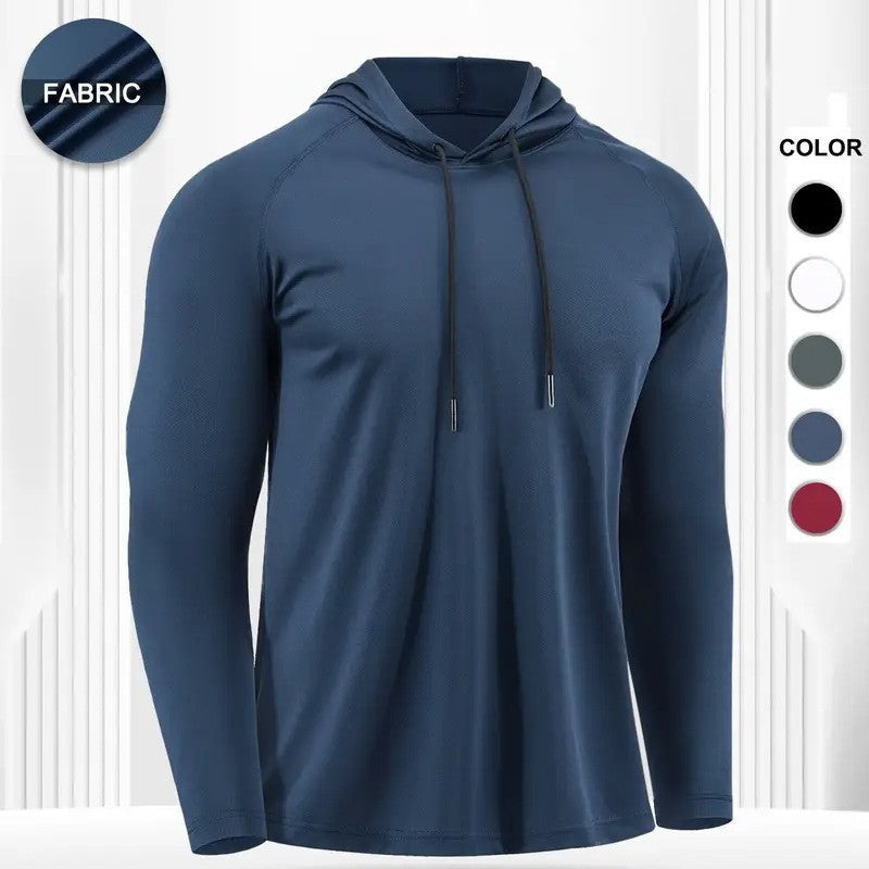 Men's Moisture-Wicking Long Sleeve Hooded Workout Top Solid Color Gym Fitness Shirt for Training Running and Outdoor Sports