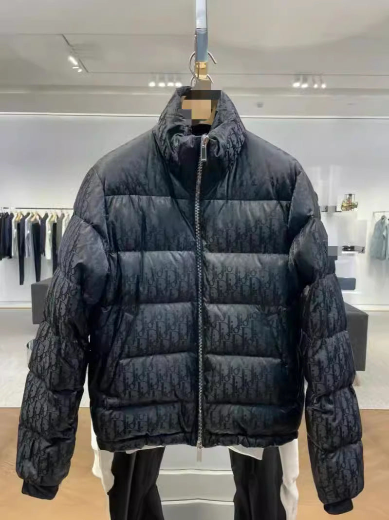 Black Quilted Down Jacket with Stand Collar and Full Zip