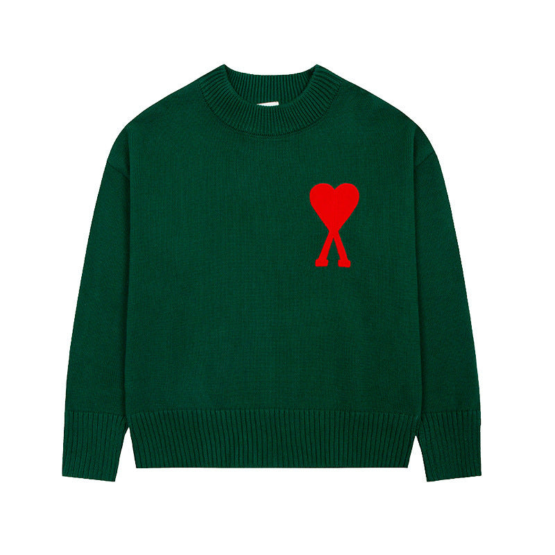 Men's round neck knit sweater with heart embroidery