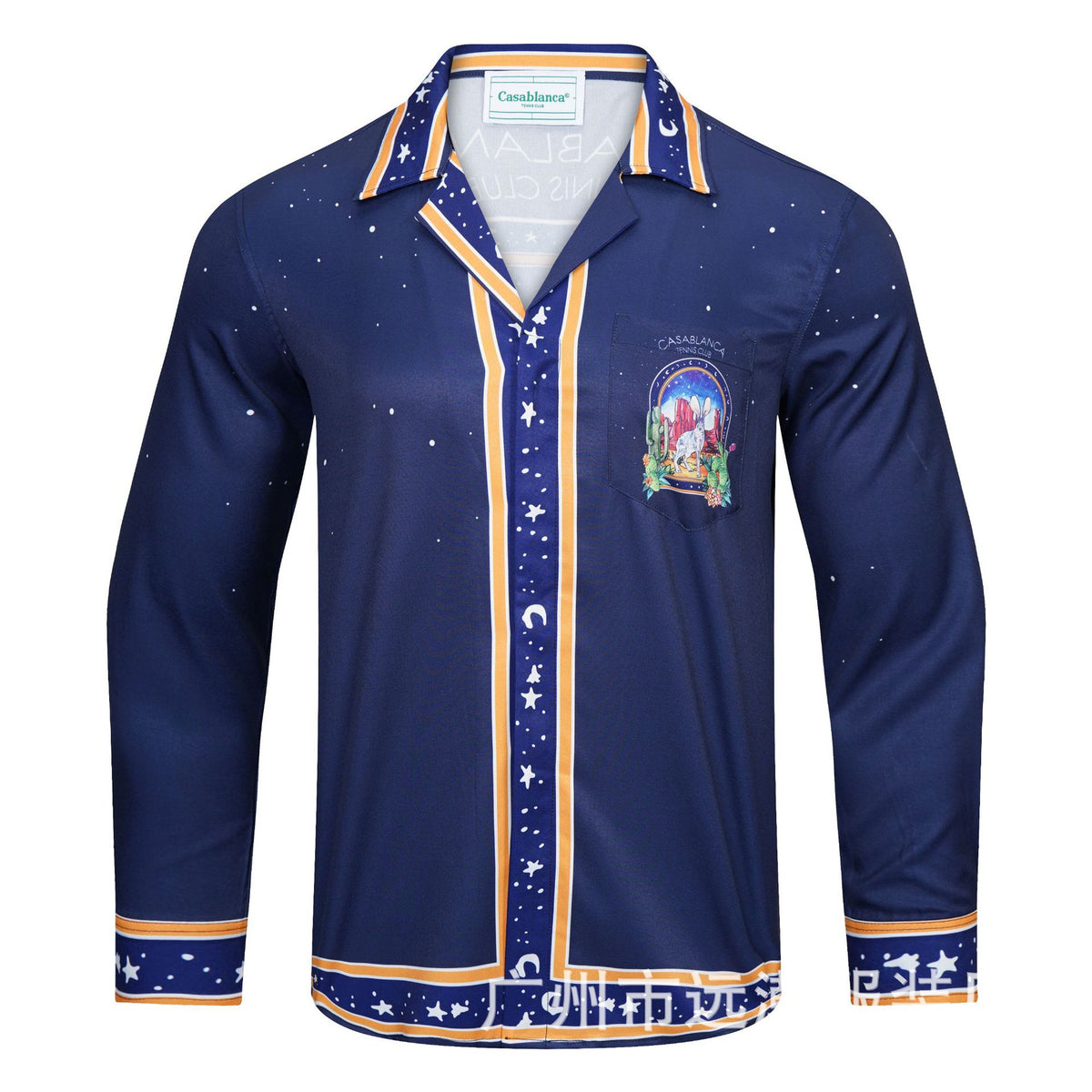 Long-sleeve checkered shirt with tropical graphic print and pastel trim