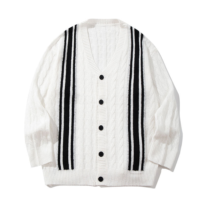 Cable-knit V-neck cardigan with black vertical stripes