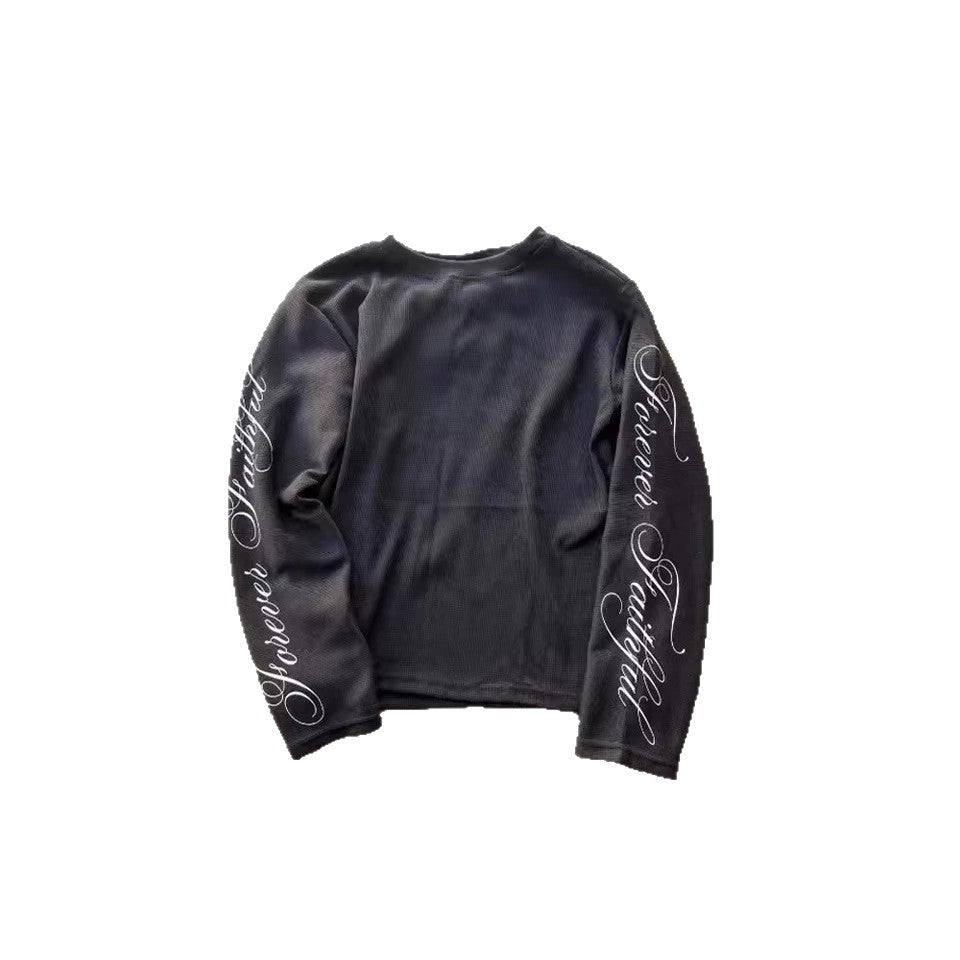 Oversized long-sleeve tee with 'Forever Faithful' cursive script