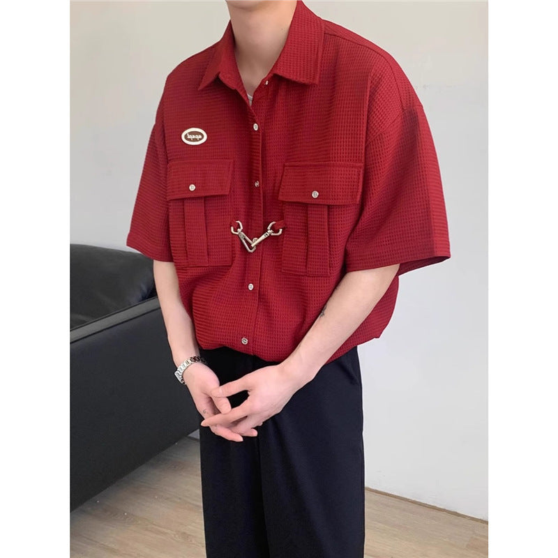 Short-Sleeve Waffle-Knit Button-Up Shirt in Black Red or Khaki