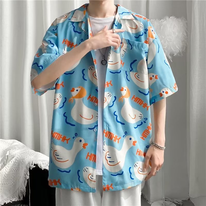 Tropical leaf print short sleeve button up shirt