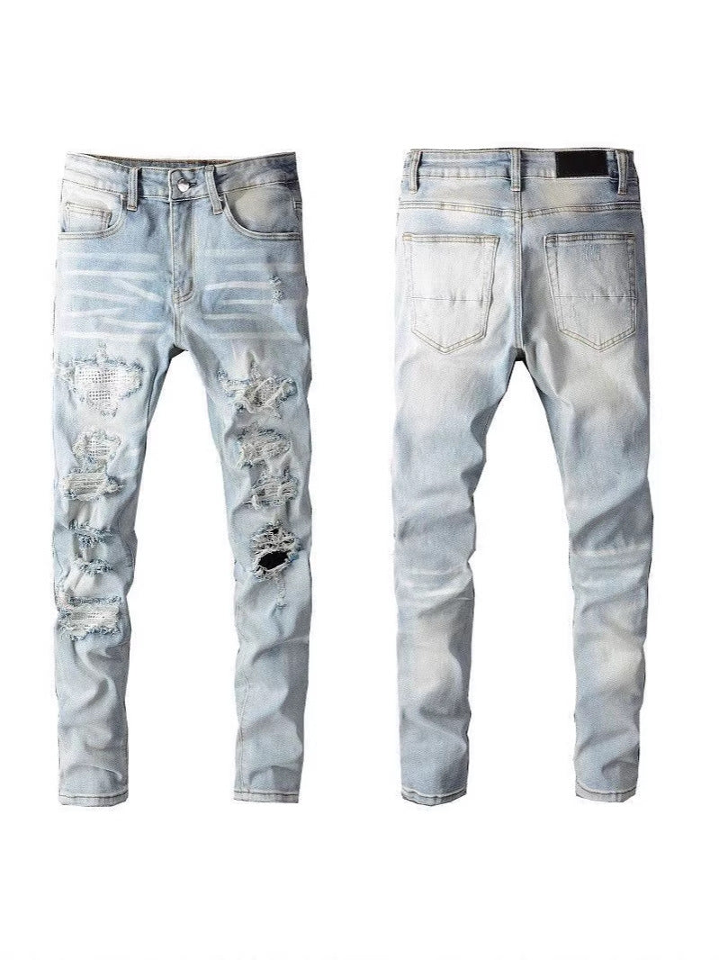 Distressed Straight-Leg Denim Jeans in Blue Black Gray or White