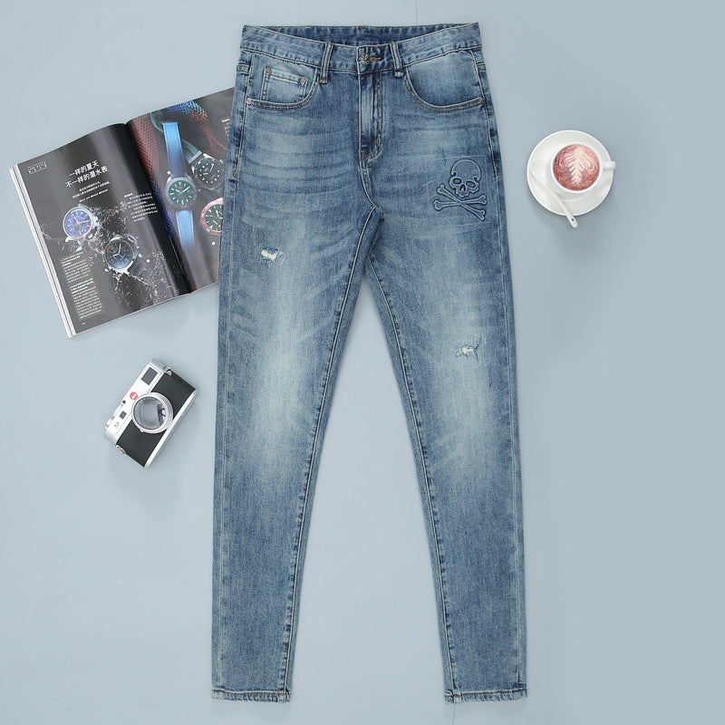 Light Wash Slim Fit Men's Jeans with Embroidered Back Pocket