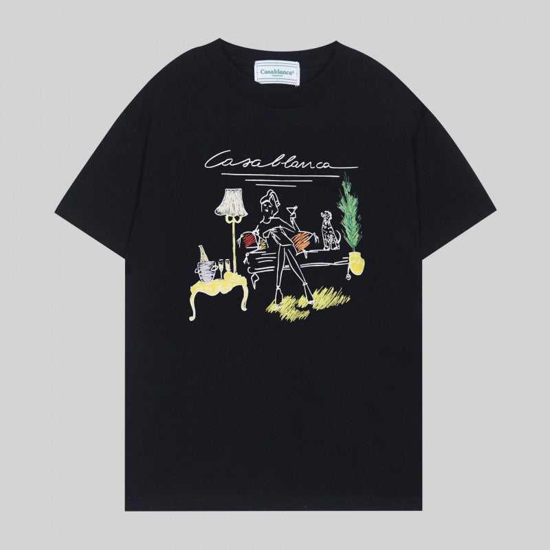 Loose-fit short sleeve t-shirt with blue and white floral script print