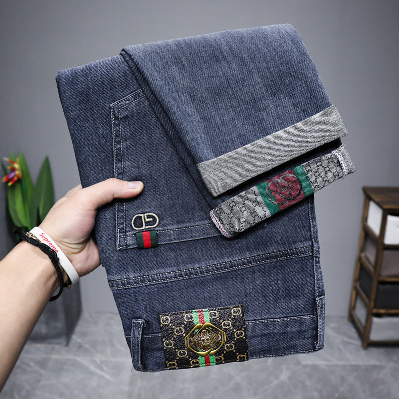 Straight-leg denim jeans with embroidered details