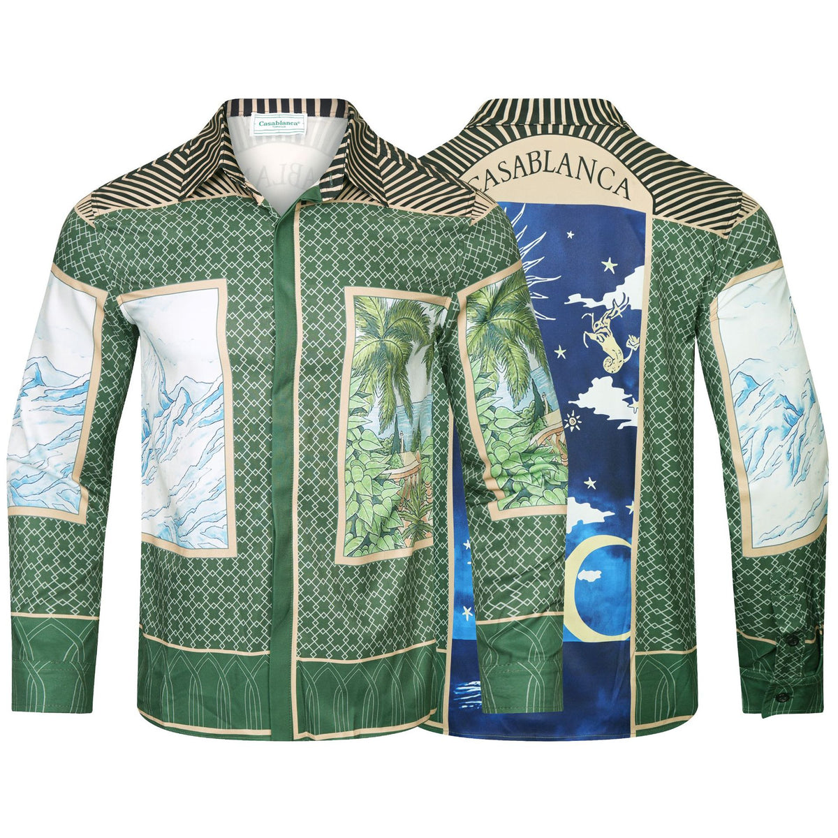 Long-sleeve checkered shirt with tropical graphic print and pastel trim