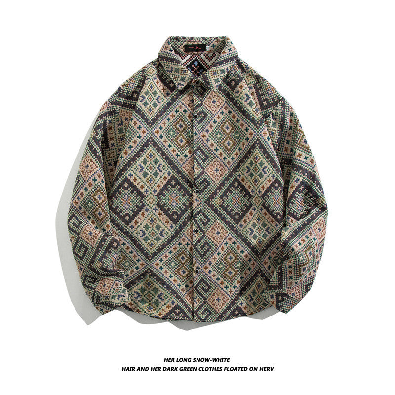 Oversized geometric tribal print button-up shirt