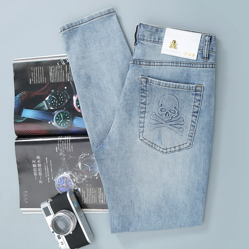 Light Wash Slim Fit Men's Jeans with Embroidered Back Pocket
