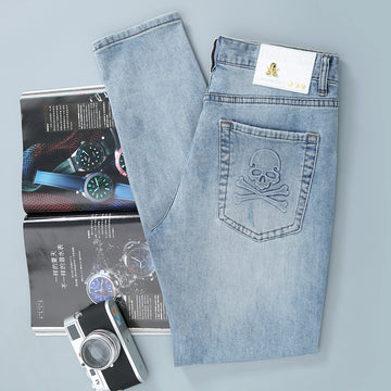 Light Wash Slim Fit Men's Jeans with Embroidered Back Pocket