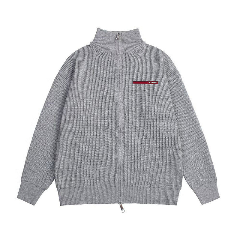 Ribbed knit zip-up sweater in heather grey and black