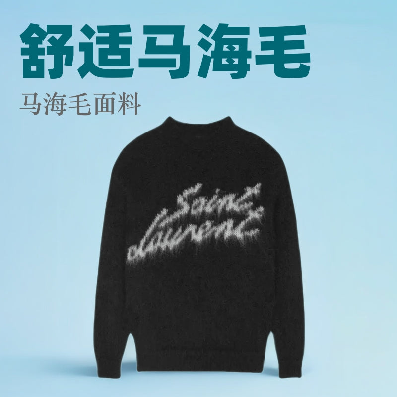 Men's Clothing Winter New Style Signature Letter Loose Soft Mohair Black Kn