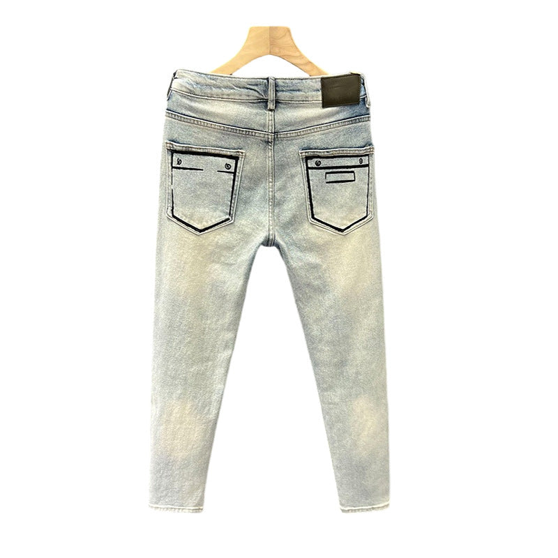Dark Blue Patchwork Cuffed Slim Fit Denim Jeans