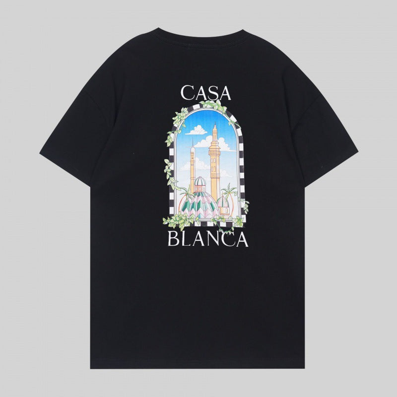 Loose-fit short sleeve t-shirt with blue and white floral script print
