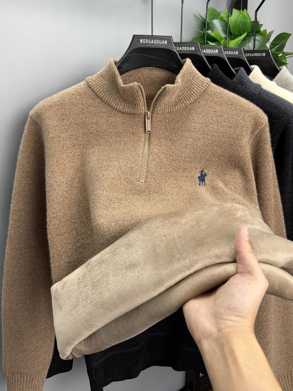 Camel Rib-Knit Half-Zip Sweater with Textured Cable Pattern
