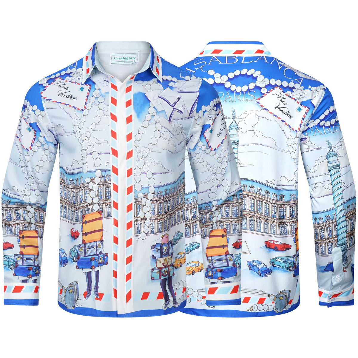 Long-sleeve checkered shirt with tropical graphic print and pastel trim