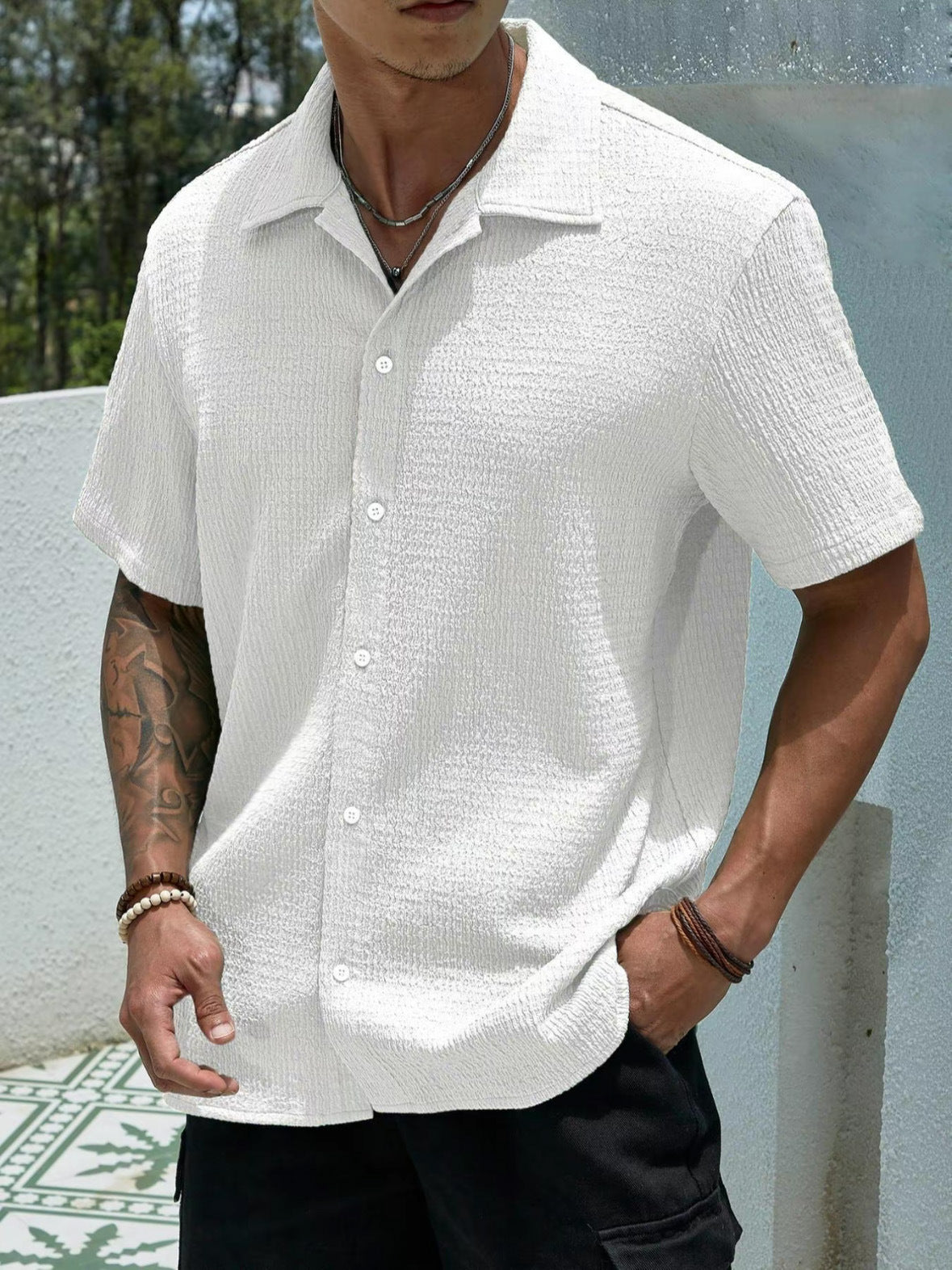 Textured Knit Short-Sleeve Collarless Shirt in Solid Colors