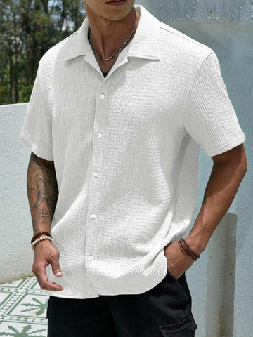 Textured Knit Short-Sleeve Collarless Shirt in Solid Colors