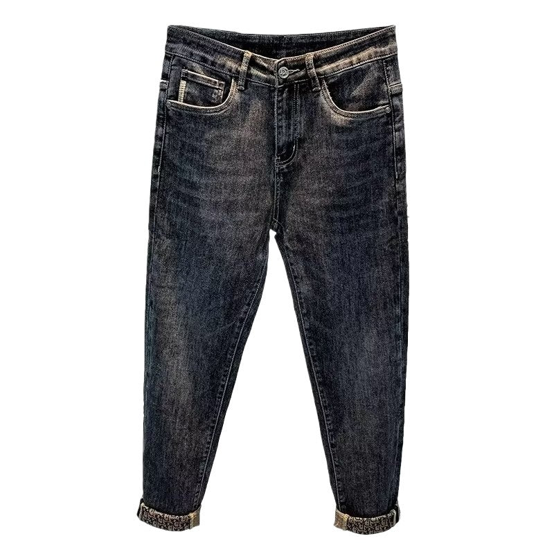 Dark Gray Stretch Denim Slim-Fit Jeans with Subtle Embroidered Detail