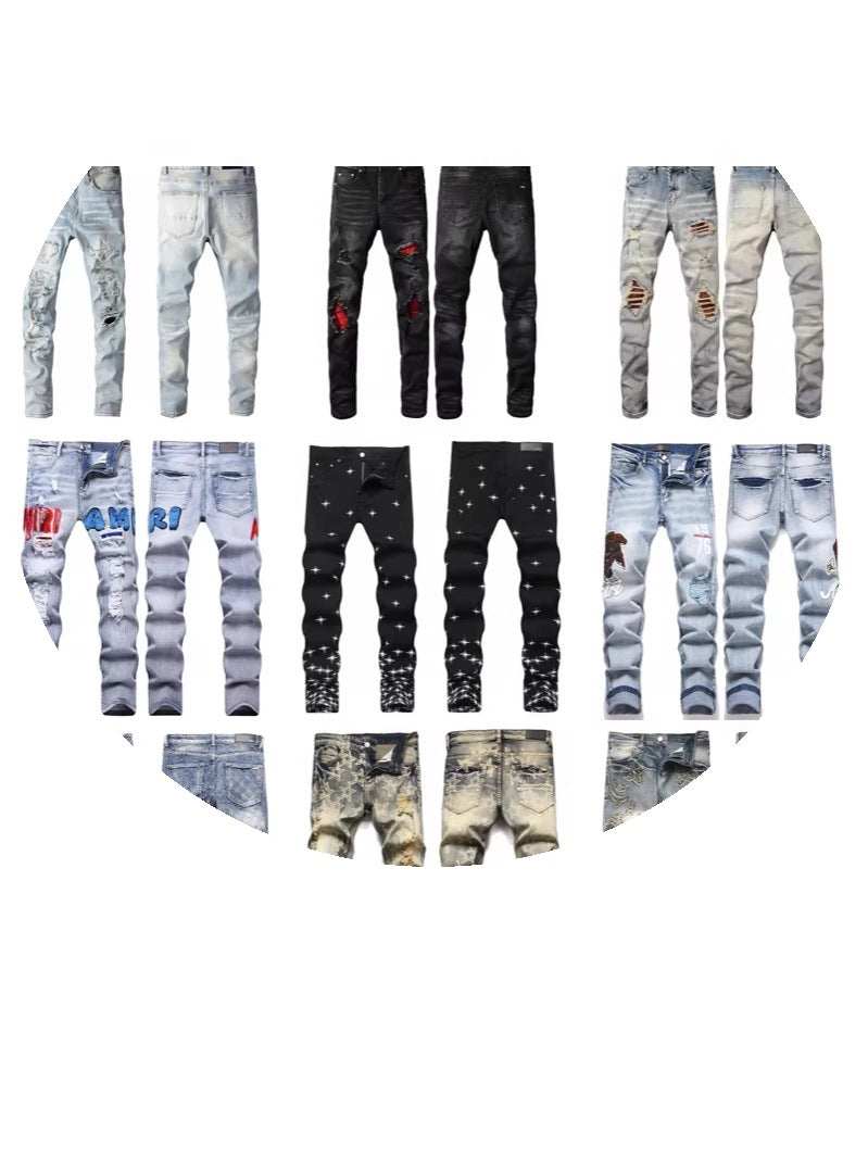 Distressed Straight-Leg Denim Jeans in Blue Black Gray or White