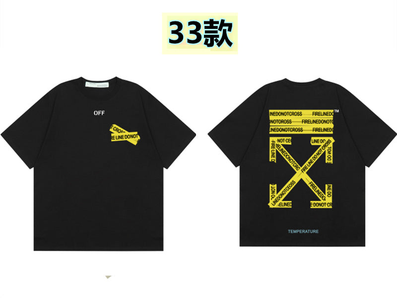 Round neck short sleeve cotton t-shirt with front 'Off' print and large back arrow graphic