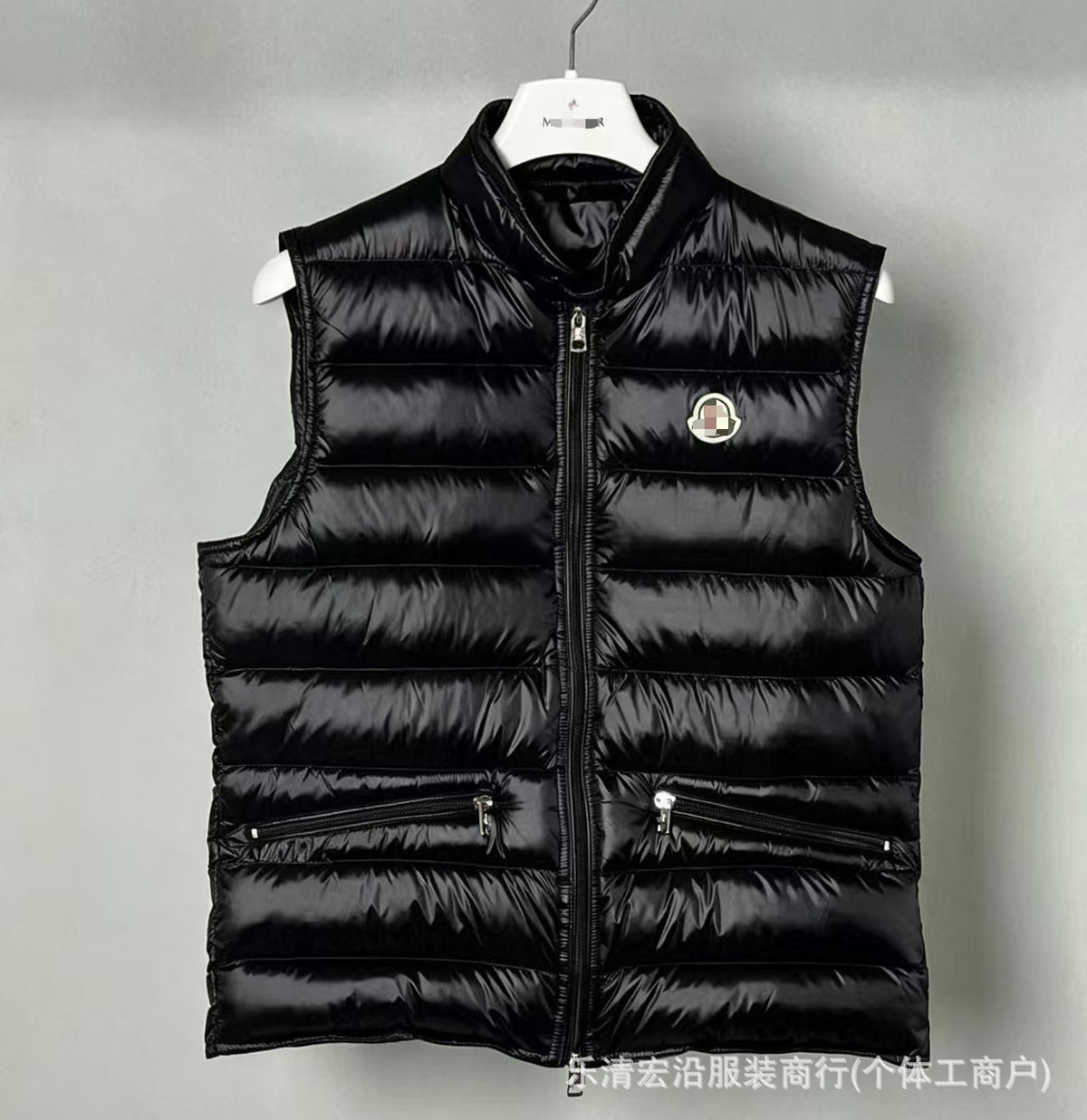 Ribbed Black Puffer Vest with Diagonal Zipper and Stand Collar
