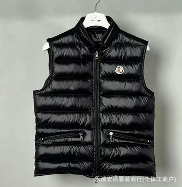 Ribbed Black Puffer Vest with Diagonal Zipper and Stand Collar