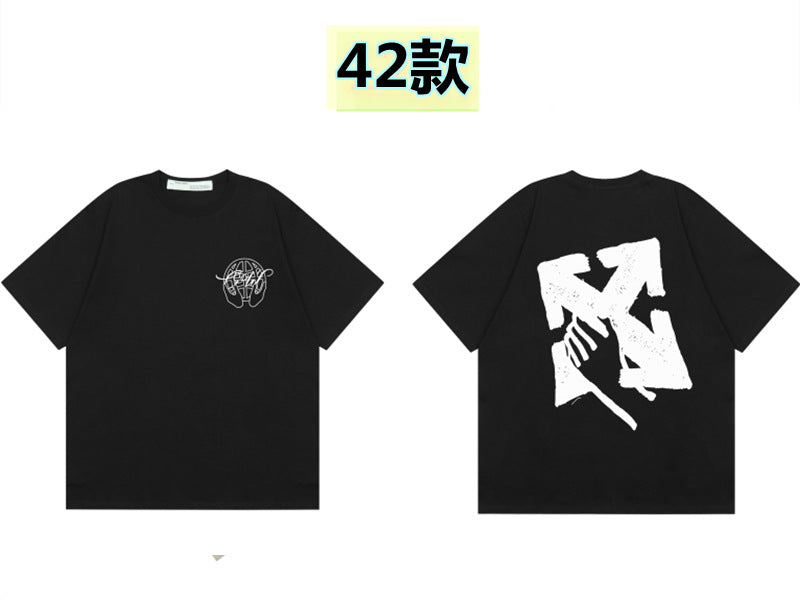 Round neck short sleeve cotton t-shirt with front 'Off' print and large back arrow graphic