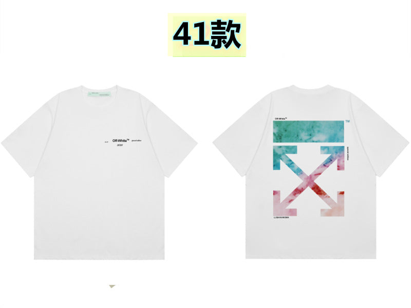 Round neck short sleeve cotton t-shirt with front 'Off' print and large back arrow graphic