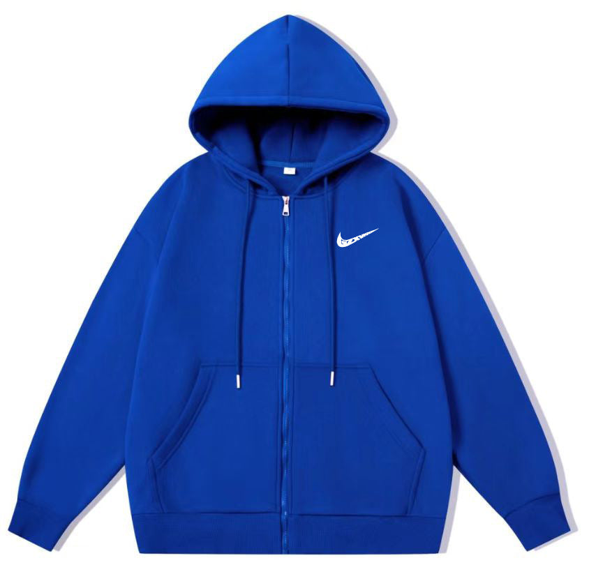Black full-zip fleece-lined hoodie with drawstrings and kangaroo pocket