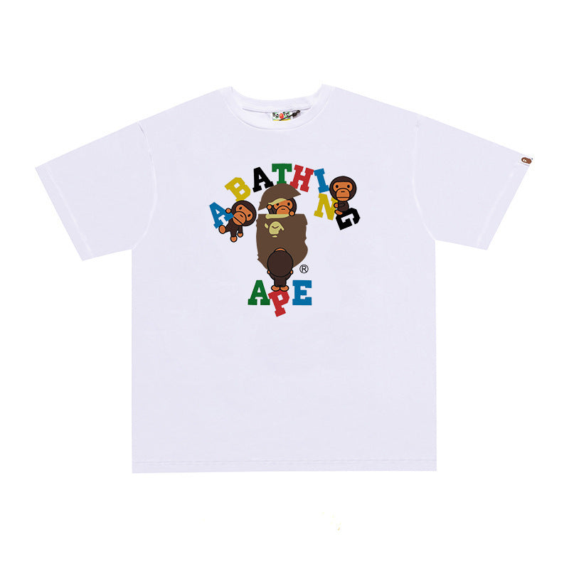 Plaid-pattern cotton short sleeve tee with graphic print