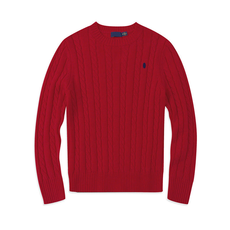 Cable-knit cotton crew neck sweater in solid color with contrasting embroidered polo motif