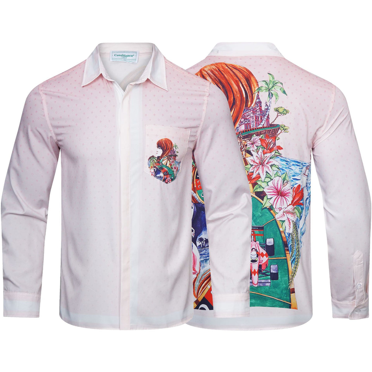 Long-sleeve checkered shirt with tropical graphic print and pastel trim