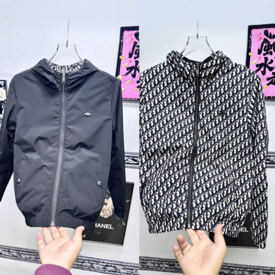 Black Double-Sided Zip-Up Hooded Hardshell Jacket