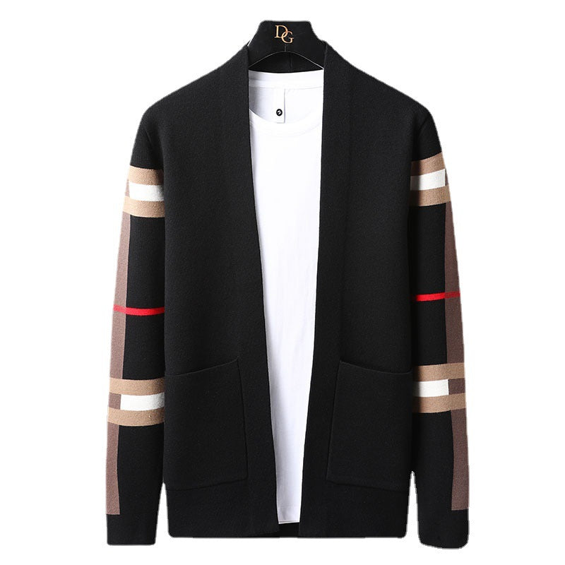 Striped open-front knitted cardigan with contrast sleeve detailing