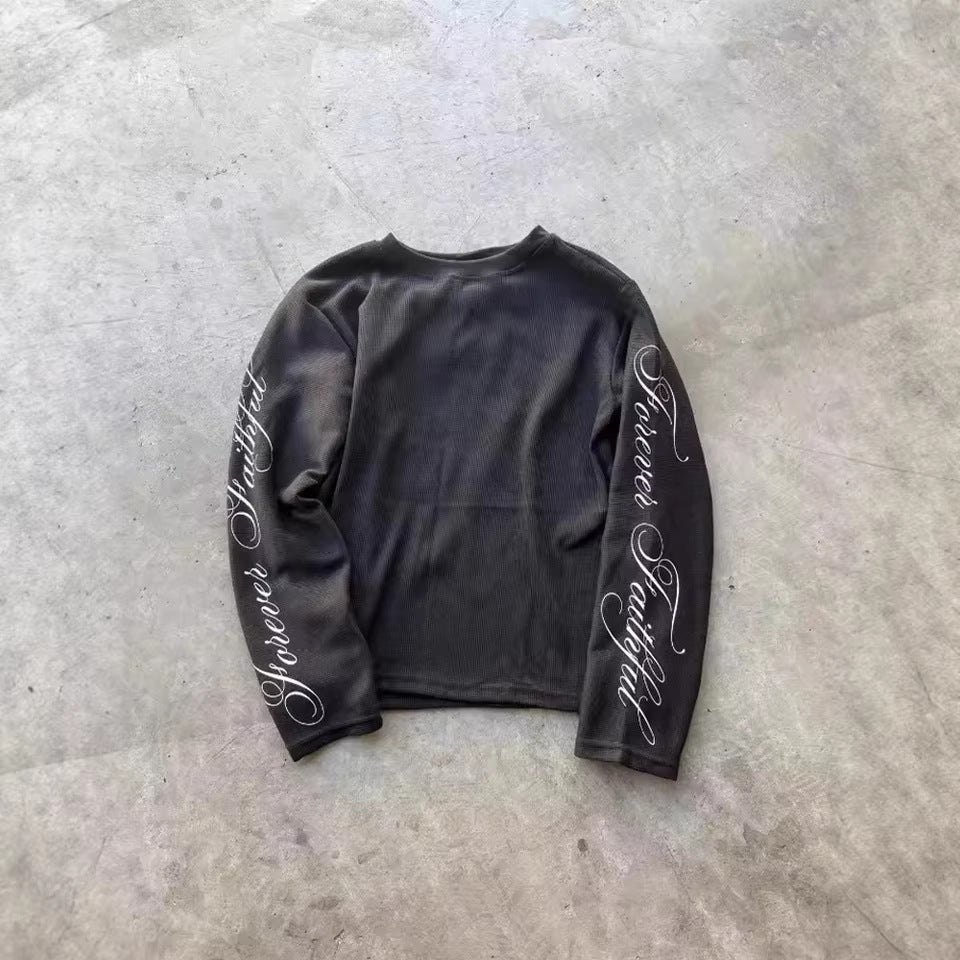 Oversized long-sleeve tee with 'Forever Faithful' cursive script