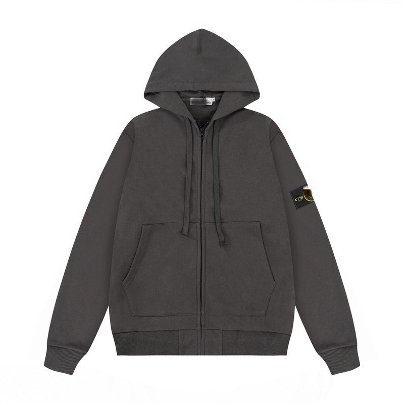 Solid-color hooded zip-up jacket with embroidered badge