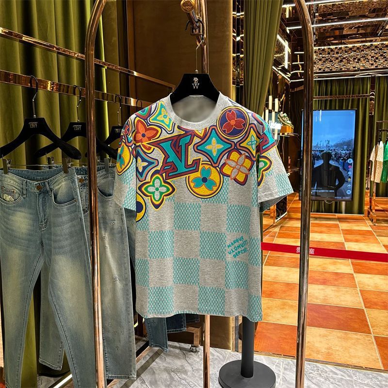 White and Light Gray 3D-Printed Floral Checker T-Shirt