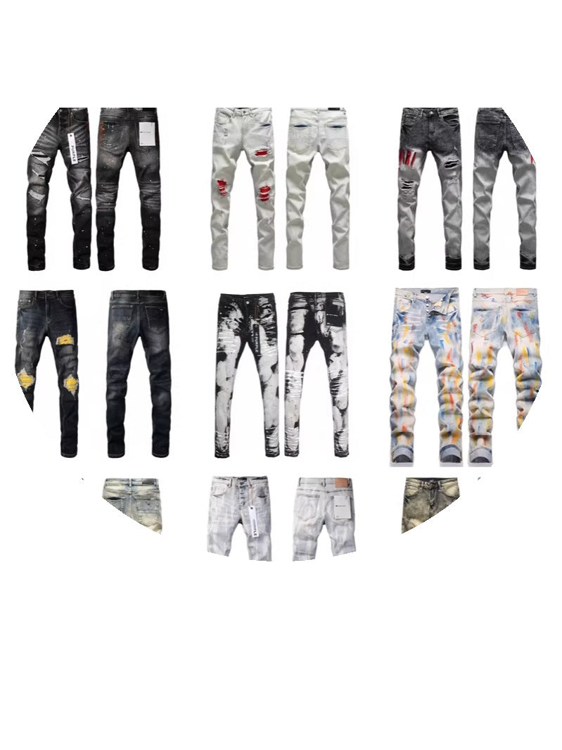 Distressed Straight-Leg Denim Jeans in Blue Black Gray or White